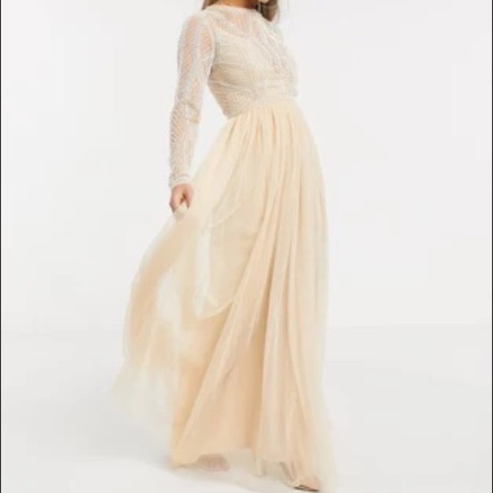 ASOS DESIGN embellished bodice maxi dress with tulle skirt in soft beige